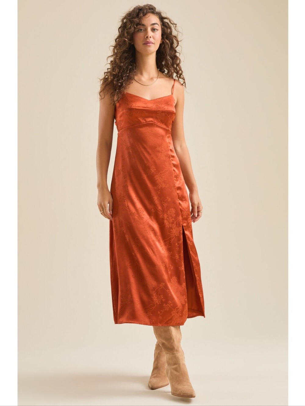 EUC Altar'd State Womens Cleo Satin Jacquard Midi Dress With Slit Size M Rust